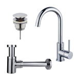 FortiFura Calvi Kit robinet lavabo - robinet haut - bec rotatif - bonde clic clac - siphon design bas - Chrome brillant SW891959