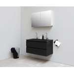 Basic Bella Meuble salle de bains avec lavabo acrylique Noir avec armoire toilette 2 portes gris 100x55x46cm 2 trous de robinet Noir mat SW491917
