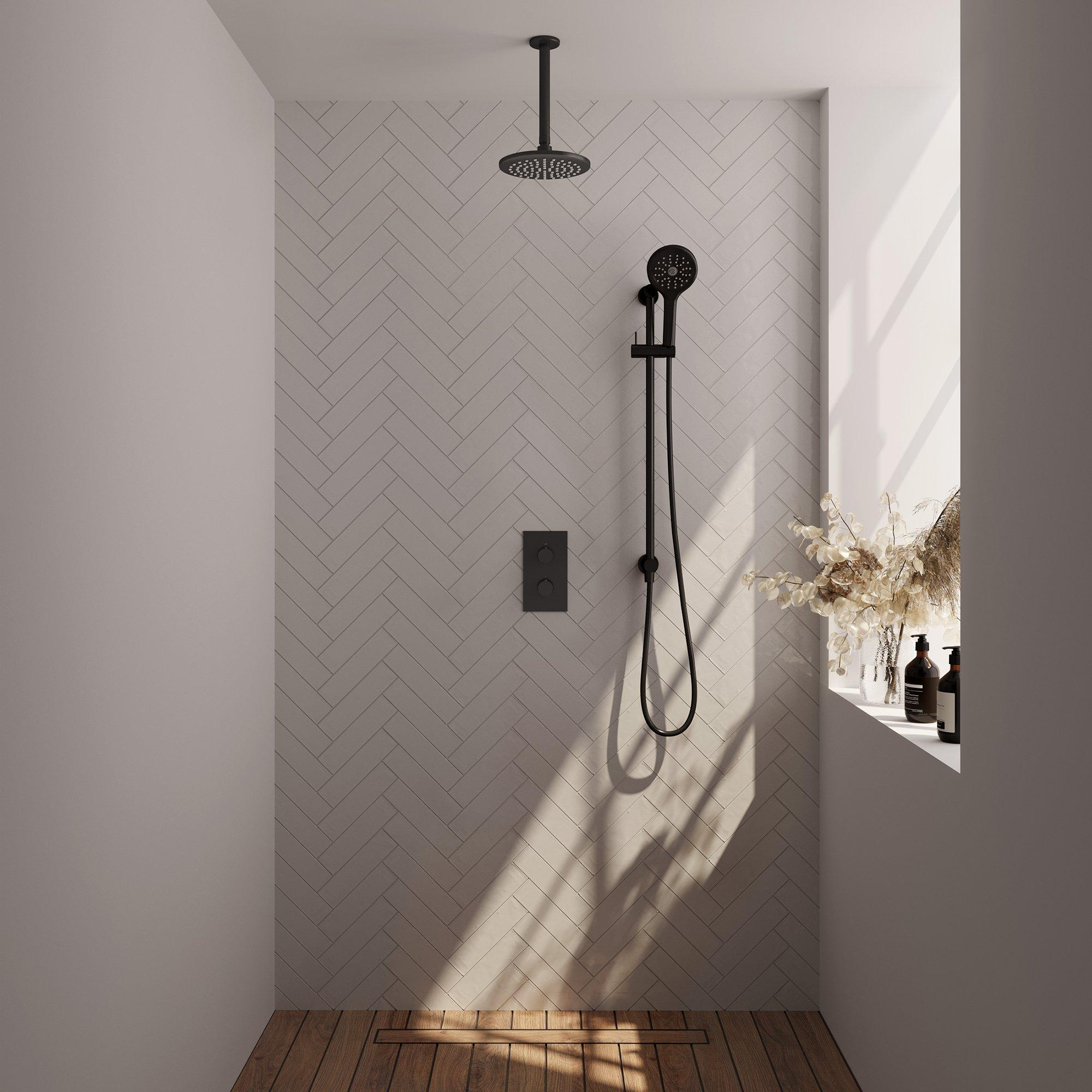 Colonne de douche thermostatique carrée noir mat avec douche pluie,  douchette et bec de bain