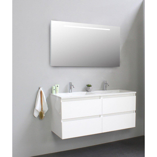 Basic Bella Badkamermeubelset - 120x55x46cm - 2 wasbakken - Acryl - Wit - 2 kraangaten - Wandspiegel met verlichting - Spaanplaat Wit hoogglans