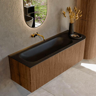 MONDIAZ KURVE 135cm Meuble salle de bain avec module 25 D - couleur Walnut - 1 tiroir - 1 porte - vasque BIG MEDIUM gauche - sans trous de robinet - Urban