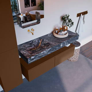 Mondiaz ALAN-DLUX Ensemble de meuble - 130cm - meuble Rust mat - 2 tiroirs - Lavabo Cloud Lava suspendu - vasque Gauche - 0 trous de robinet