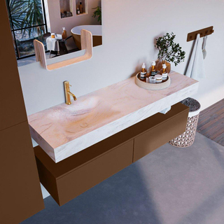 Mondiaz ALAN-DLUX Ensemble de meuble - 150cm - meuble Rust mat - 2 tiroirs - Lavabo Cloud Ostra suspendu - vasque gauche - 1 trou de robinet