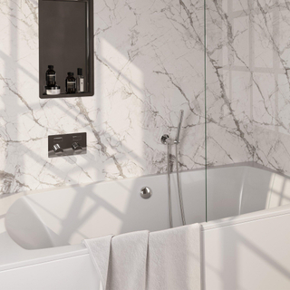 BRAUER Stripe Thermostatische Badkraan - drukknoppen - SET 03 - inbouw - badvulcombinatie - staaf handdouche - doucheslang - wandaansluitbocht - chroom