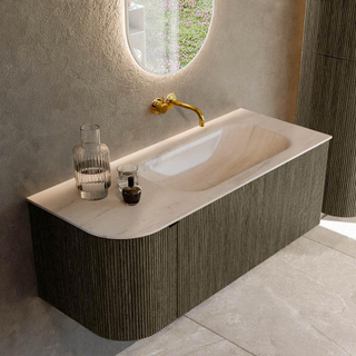 MONDIAZ KURVE-DLUX 115cm badmeubel ronding Links kleur Shadow met 1 lade en 1 deur. Wastafel BIG SMALL Rechts zonder kraangat Meli.