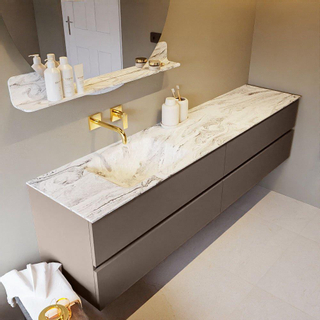 Mondiaz VICA-DLUX ensemble de meuble de salle de bain - 200cm - meuble sous-vasque fumée - 4 tiroirs - lavabo encastré nuage gauche - sans trous de robinet - version haute de 60cm - glace