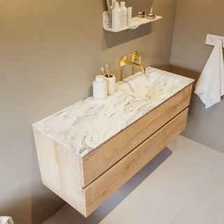 Mondiaz VICA-DLUX ensemble de meuble de salle de bain - 130cm - meuble sous-vasque chêne blanchi - 2 tiroirs - lavabo encastré cloud droite - sans trous de robinet - version haute de 60cm - glace