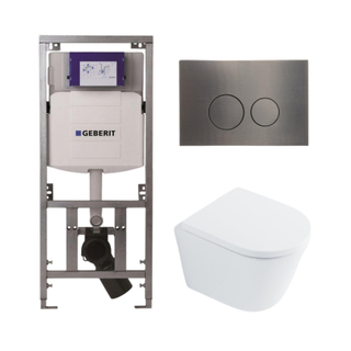 QeramiQ Dely Toiletset - 36.3x51.7cm - diepspoel - rimless - Geberit UP320 Burda inbouwreservoir - softclose toilet zitting 35 mm - gunmetal bedieningsplaat - ronde knoppen - wit glans