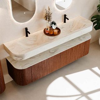 MONDIAZ THOR-DLUX 180cm meuble de salle de bains arrondi gauche + droite couleur Ruby avec 2 tiroirs et 2 portes. Vasque suspendue CLOUD Double 2 trous de robinet couleur Ostra.