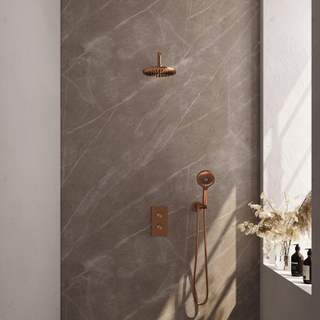 Ensemble de douche pluie encastré Brauer Copper Carving - douche principale 20 cm - bouton Carving - douchette ronde 3 positions - PVD - cuivre brossé