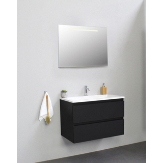 Basic Bella Meuble lavabo acrylique avec 1 trou de robinet avec miroir avec éclairage 80x55x46cm Flat Pack Noir mat