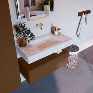Mondiaz ALAN-DLUX Ensemble de meuble - 90cm - meuble Rust mat - 1 tiroir - Lavabo Cloud Opalo suspendu - vasque Centre - 0 trous de robinet