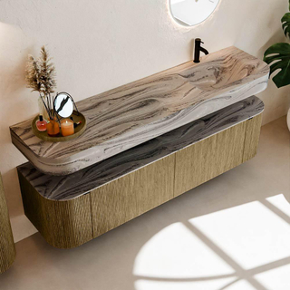 MONDIAZ THOR-DLUX Meuble de salle de bains - 180cm - arrondi gauche + droite - couleur Dusk - 2 tiroirs - 2 portes - Vasque suspendue CLOUD droite 1 trou de robinet - couleur Sombra