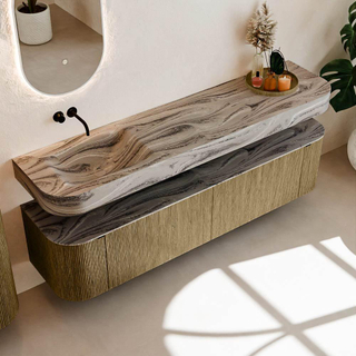 MONDIAZ THOR-DLUX Meuble de salle de bains 190cm arrondi gauche + droite couleur Dusk avec 2 tiroirs et 2 portes. Vasque suspendue CLOUD Gauche sans trou de robinet couleur Sombra.