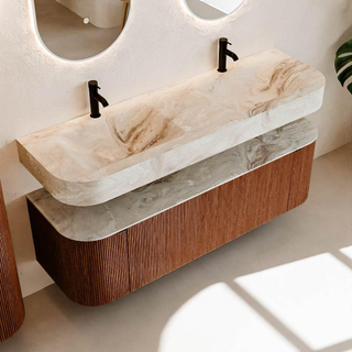 MONDIAZ THOR-DLUX 150cm meuble de salle de bains arrondi gauche + droite couleur Ruby avec 1 tiroir et 2 portes. Vasque suspendue CLOUD Double 2 trous de robinet couleur Frappe.