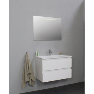Basic Bella Badkamermeubelset - 80x55x46cm - 1 wasbak - Acryl - Wit - 1 kraangat - Wandspiegel met verlichting - Melamine Wit hoogglans