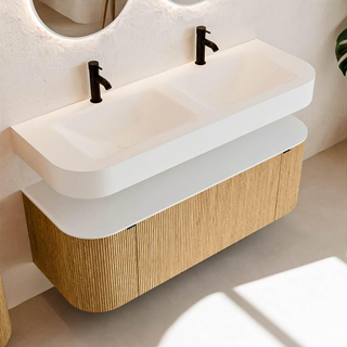 MONDIAZ THOR 130cm meuble de salle de bains arrondi gauche + droite couleur Oak avec 1 tiroir et 2 portes. Vasque suspendue CLOUD Double 2 trous de robinet couleur Talc.