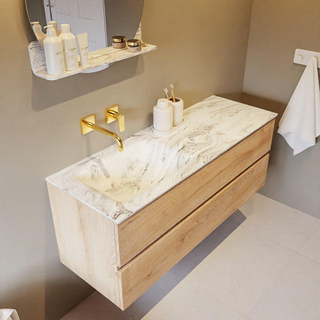 Mondiaz VICA-DLUX Ensemble de meuble de salle de bain - 130cm - meuble sous-vasque chêne blanchi - 2 tiroirs - lavabo encastré cloud gauche - sans trous de robinet - version haute de 60cm - glace