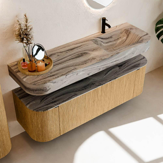 MONDIAZ THOR-DLUX 150cm badmeubel ronding links + rechts kleur Oak met 1 lade en 2 deuren. Vrijhangende wastafel CLOUD Rechts 1 kraangat kleur Sombra.