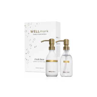 Wellmark Handverzorgingsset - giftset - handcreme 250ml - handzeep 250ml - fresh linnen - helder glas - tekst: bubbles of joy