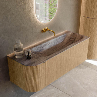 MONDIAZ KURVE-DLUX 125cm badmeubel ronding Links kleur Oak met 1 lade en 1 deur. Wastafel BIG MEDIUM Rechts zonder kraangat Oza.