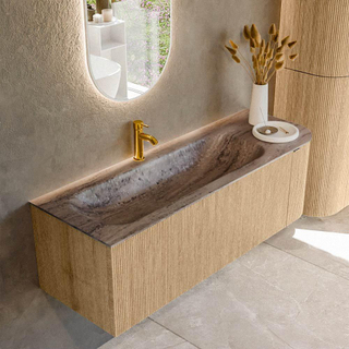 MONDIAZ KURVE-DLUX 135cm badmeubel ronding Rechts kleur Oak met 1 lade en 1 deur. Wastafel BIG MEDIUM Links 1 kraangat Oza.