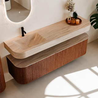 MONDIAZ THOR-DLUX 170cm meuble de salle de bains arrondi gauche + droite couleur Ruby avec 1 tiroir et 2 portes. Vasque suspendue CLOUD Gauche 1 trou de robinet couleur Saba.