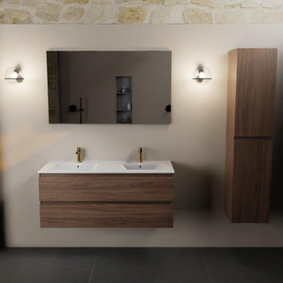 Mondiaz AIVY Ensemble de meuble - 120x45x50cm - 2 trous de robinet - 2 vasques talc céramique - Gauche et droite - 2 tiroirs - avec miroir - Melamine Mocha