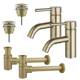 FortiFura Calvi Kit robinet lavabo - pour double vasque - robinet bas - bonde clic clac - siphon design bas - Laiton brossé PVD