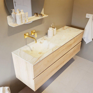 Mondiaz VICA-DLUX ensemble de meuble de salle de bain - 150cm - meuble sous-vasque chêne blanchi - 2 tiroirs - lavabo encastré cloud gauche - sans trous de robinet - version haute de 60cm - frape