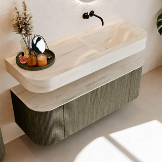 MONDIAZ THOR-DLUX Meuble de salle de bains 130cm arrondi gauche + droite couleur Shadow avec 1 tiroir et 2 portes. Vasque suspendue CLOUD Droite sans trou de robinet couleur Meli.