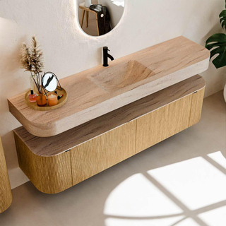 MONDIAZ THOR-DLUX Meuble de salle de bains - 180cm - arrondi gauche + droite - couleur Oak - 2 tiroirs - 2 portes - Vasque suspendue CLOUD Milieu 1 trou de robinet - couleur Saba