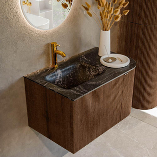 MONDIAZ KURVE-DLUX 75cm Meuble salle de bain avec module 25 D - couleur Walnut - 1 tiroir - 1 porte - vasque GRUNNE gauche - 1 trou de robinet - couleur Lava