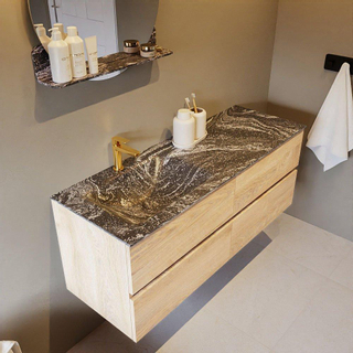 Mondiaz VICA-DLUX Ensemble de meuble de salle de bain - 130cm - meuble sous-vasque chêne blanchi - 4 tiroirs - lavabo encastré cloud gauche - 1 trou de robinet - version haute de 60cm - lave