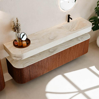 MONDIAZ THOR-DLUX Meuble de salle de bains 190cm arrondi gauche + droite couleur Ruby avec 2 tiroirs et 2 portes. Vasque suspendue CLOUD Droite 1 trou de robinet couleur Ostra.