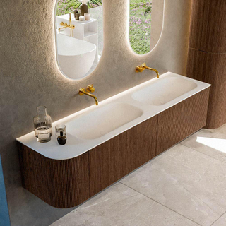 MONDIAZ KURVE 175cm badmeubel met module 25 L kleur Walnut met 2 lades en 1 deur. Wastafel BIG SMALL dubbel / rechts zonder kraangat Talc.