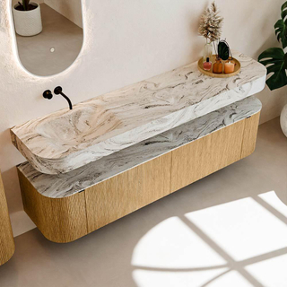 MONDIAZ THOR-DLUX Meuble de salle de bains 190cm arrondi gauche + droite couleur Oak avec 2 tiroirs et 2 portes. Vasque suspendue CLOUD Gauche sans trou de robinet couleur Glace.