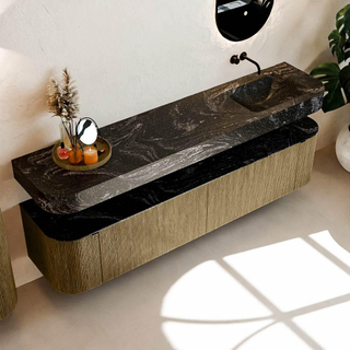 MONDIAZ THOR-DLUX 200cm badmeubel ronding links + rechts kleur Dusk met 2 lades en 2 deuren. Vrijhangende wastafel CLOUD Rechts zonder kraangat kleur Lava.