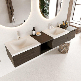 MONDIAZ BUKLA 200cm ensemble de meuble avec module ouvert 40 gauche couleur Marron Foncé avec 3 tiroirs. Lavabo CLOUD double 2 trous de robinet couleur Talc.