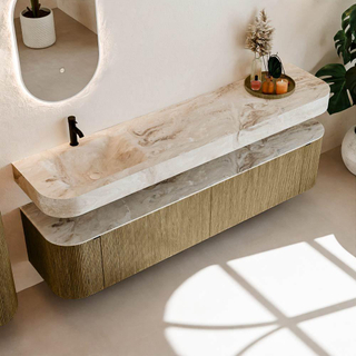 MONDIAZ THOR-DLUX 200cm meuble de salle de bains arrondi gauche + droite couleur Dusk avec 2 tiroirs et 2 portes. Vasque suspendue CLOUD Gauche 1 trou de robinet couleur Frappe.