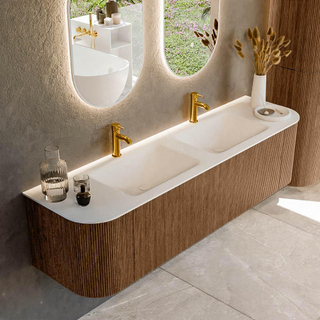 MONDIAZ KURVE 170cm Meuble salle de bain avec module 25 G et D - couleur Walnut - 1 tiroir - 2 portes - vasque CLOUD double - 2 trous de robinet - Talc