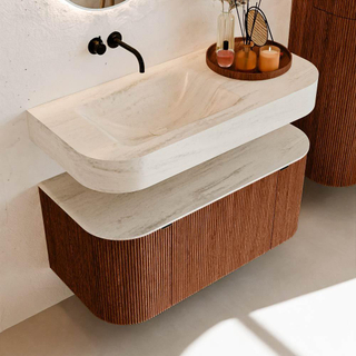 MONDIAZ THOR-DLUX 100cm meuble de salle de bains arrondi gauche + droite couleur Ruby avec 1 tiroir et 2 portes. Vasque suspendue CLOUD Gauche sans trou de robinet couleur Meli.