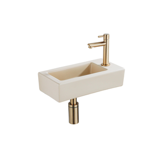 QeramiQ Fuente Fonteinset - 37.5x18.5x9cm - keramiek - kraangat rechts - fonteinkraan geborsteld messing - afvoerplug - verlaagd sifon - Mat Beige