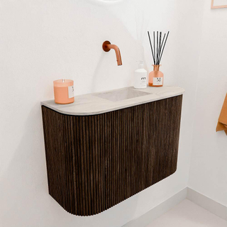 Mondiaz JOYA-DLUX 63.2cm toiletmeubel - ronding links en rechts kleur Walnut - Wastafel FAYE positie Midden Zonder kraangat kleur Ostra.