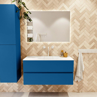 Mondiaz VICA ensemble de meuble de salle de bain - 100cm - meuble sous-vasque jeans - 2 tiroirs - lavabo moon milieu - 1 trou de robinet - couleur talc - miroir LED - version XL 60cm haut