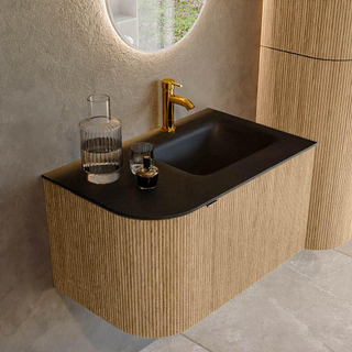 MONDIAZ KURVE 75cm badmeubel met module 25 L kleur Oak met 1 lade en 1 deur. Wastafel GRUNNE rechts 1 kraangat Urban.