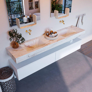 Mondiaz ALAN-DLUX Ensemble de meuble - 200cm - meuble Talc mat - 2 tiroirs - Lavabo Cloud Frappe suspendu - vasque Gauche et droite - 0 trous de robinet