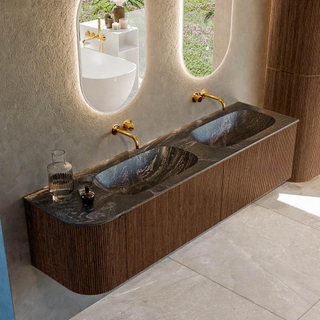 MONDIAZ KURVE-DLUX 175cm Meuble salle de bain avec module 25 G - couleur Walnut - 2 tiroirs - 1 porte - vasque STOR SMALL double / droite - sans trou de robinet - couleur Lava
