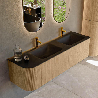 MONDIAZ KURVE 155cm Meuble salle de bain avec module 25 G - couleur Oak - 2 tiroirs - 1 porte - vasque CLOUD double / droite - 2 trous de robinet - Urban