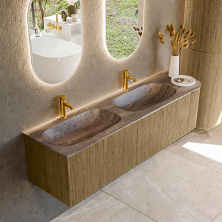 MONDIAZ KURVE-DLUX 165cm badmeubel ronding Rechts kleur Dusk met 2 lades en 1 deur. Wastafel STOR SMALL Dubbel / Links 2 kraangaten Oza.